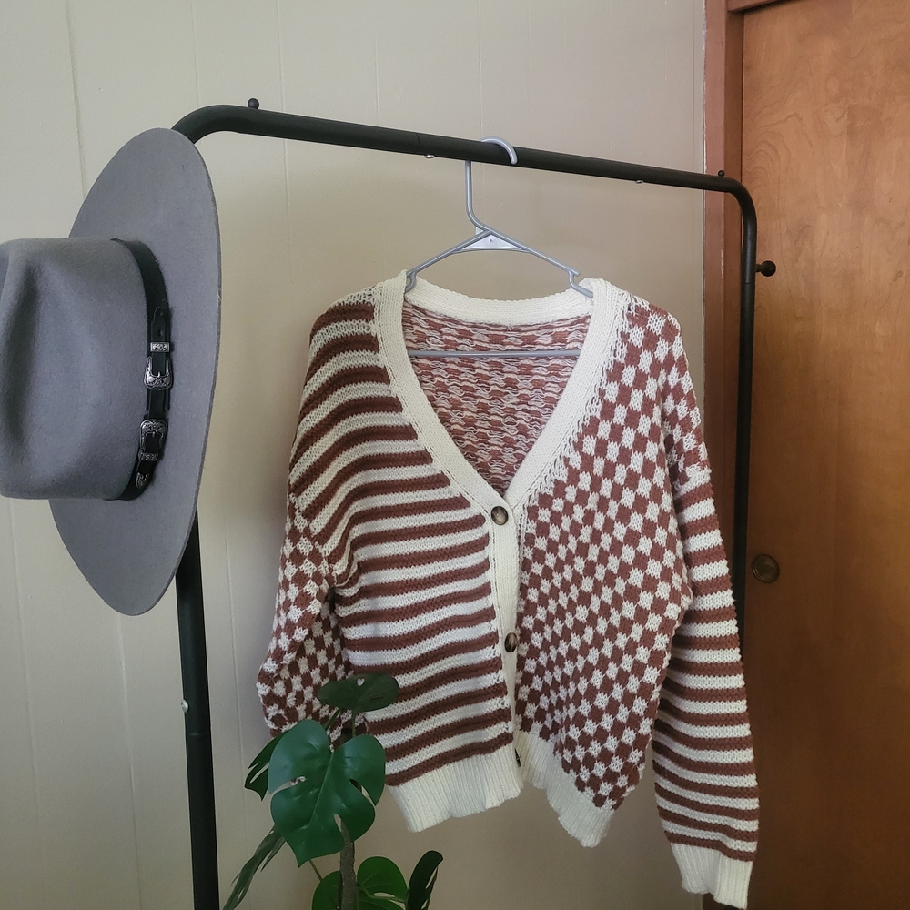Striped and Checkered Brown and Cream Sweater